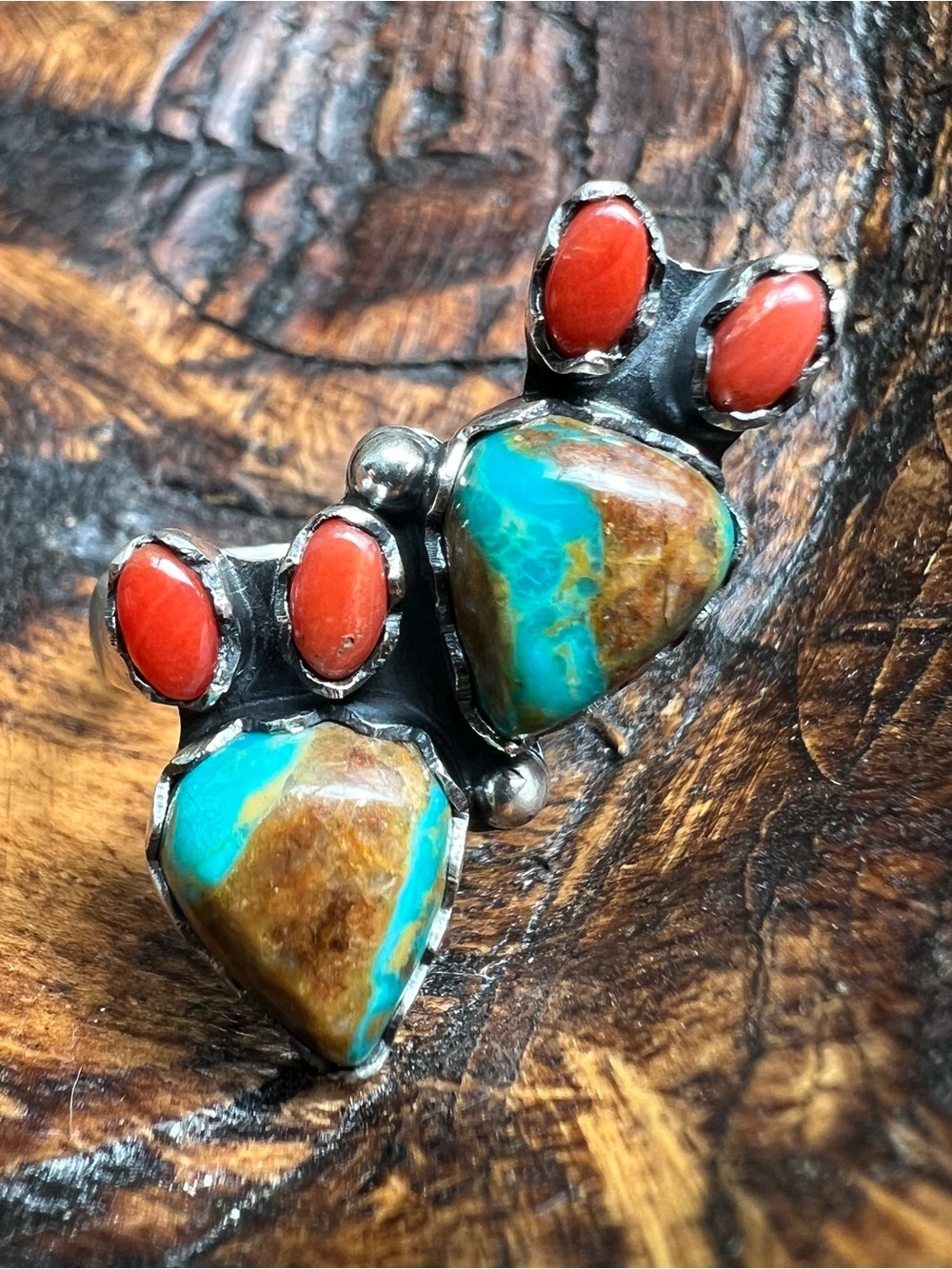 Sterling Fox Turquoise Red Coral Cactus Ring Adjustable Size 8